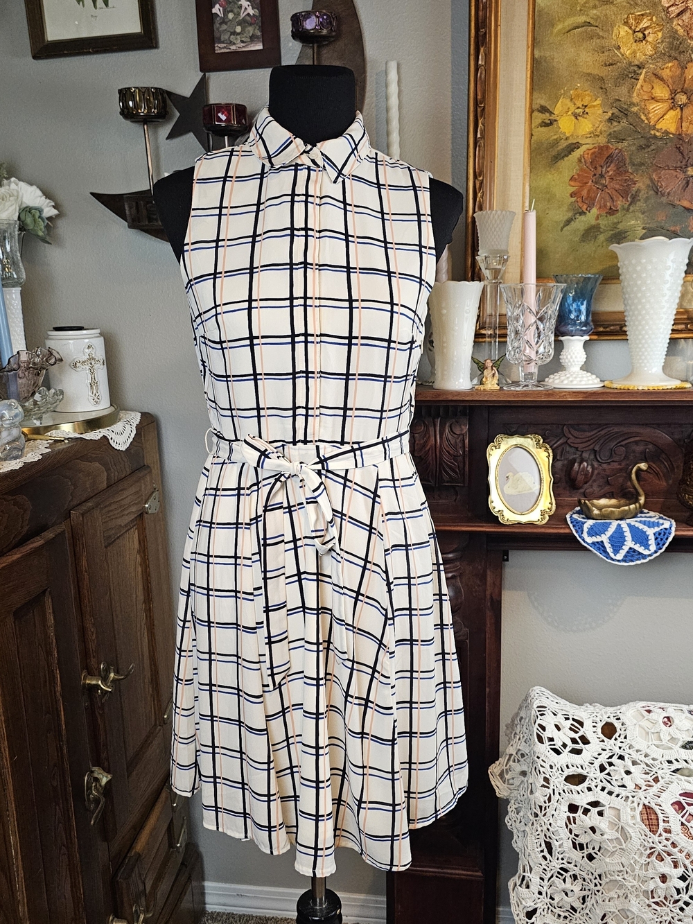Banana Republic Petite Windowpane Shirt Dress Belted Sleeveless 6P